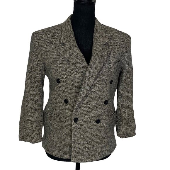 FIRENZA Women Huskey Wool Blazer Size S Gray 3/4 Sleeve Herringbone Pattern - Picture 1 of 11